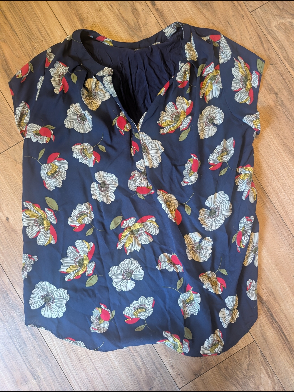 Papermoon Navy Floral Short-Sleeve Blouse with Red and Yellow Accents